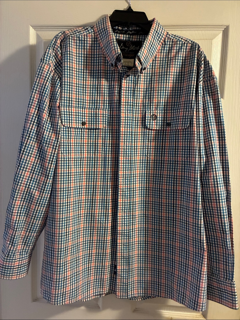 Wrangler Orange and Pink Plaid Casual Button-Down Shirt